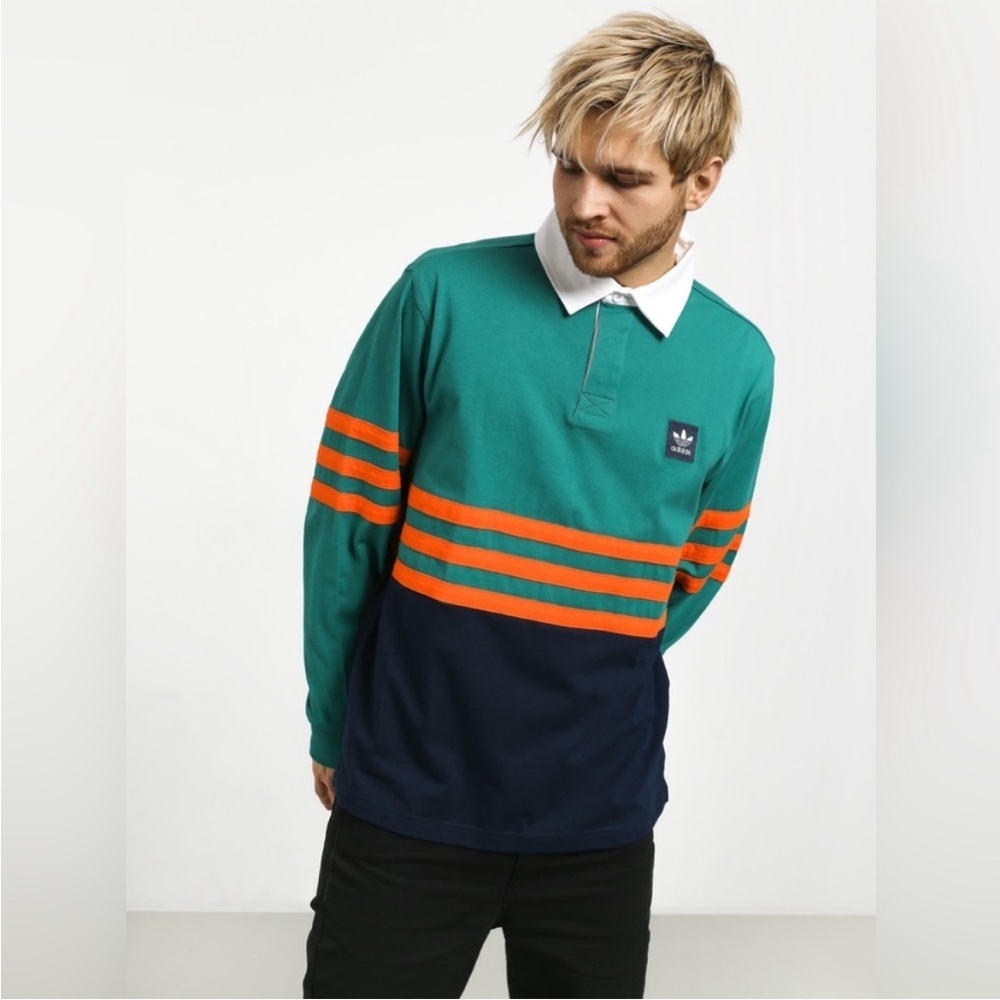Adidas Men’s Green and Orange Striped Long Sleeve Polo Shirt- Size XL